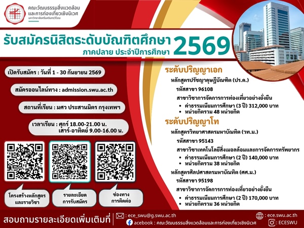 รับสมัครนิสิตระดับบัณฑิตศึกษา ภาคปลาย ประจำปีการศึกษา 2569 จำนวน 3 หลักสูตร